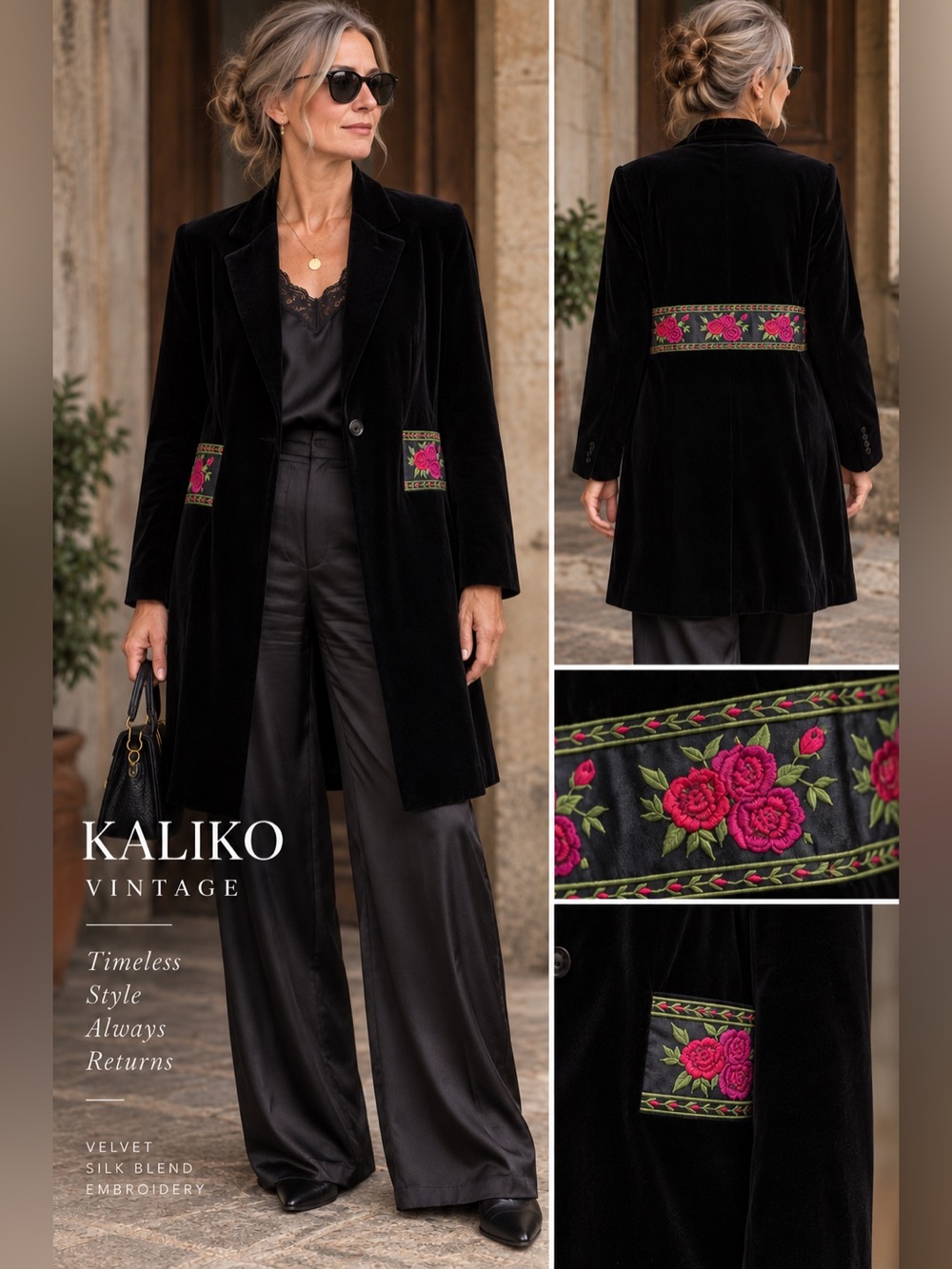 VTG Silk Blend Black Velvet Embroidered Rose Long Jacket UK 12